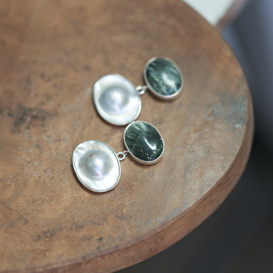 Handmade Seraphinite and Blister Pearl Sterling Silver Earrings