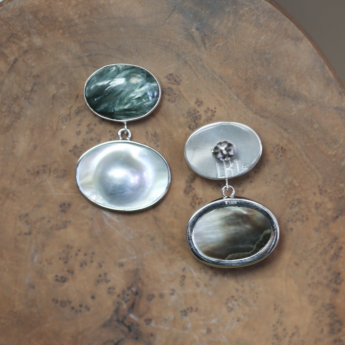 Handmade Seraphinite and Blister Pearl Sterling Silver Earrings