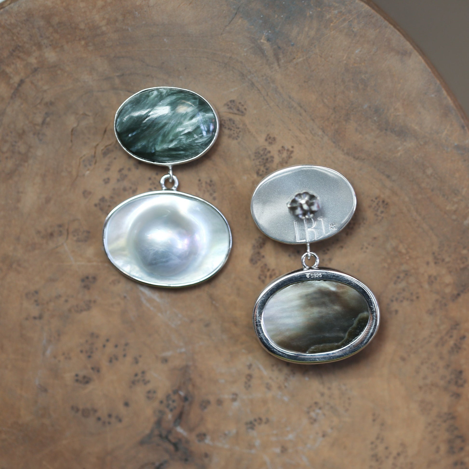 Handmade Seraphinite and Blister Pearl Sterling Silver Earrings