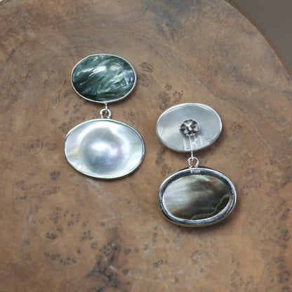 Handmade Seraphinite and Blister Pearl Sterling Silver Earrings