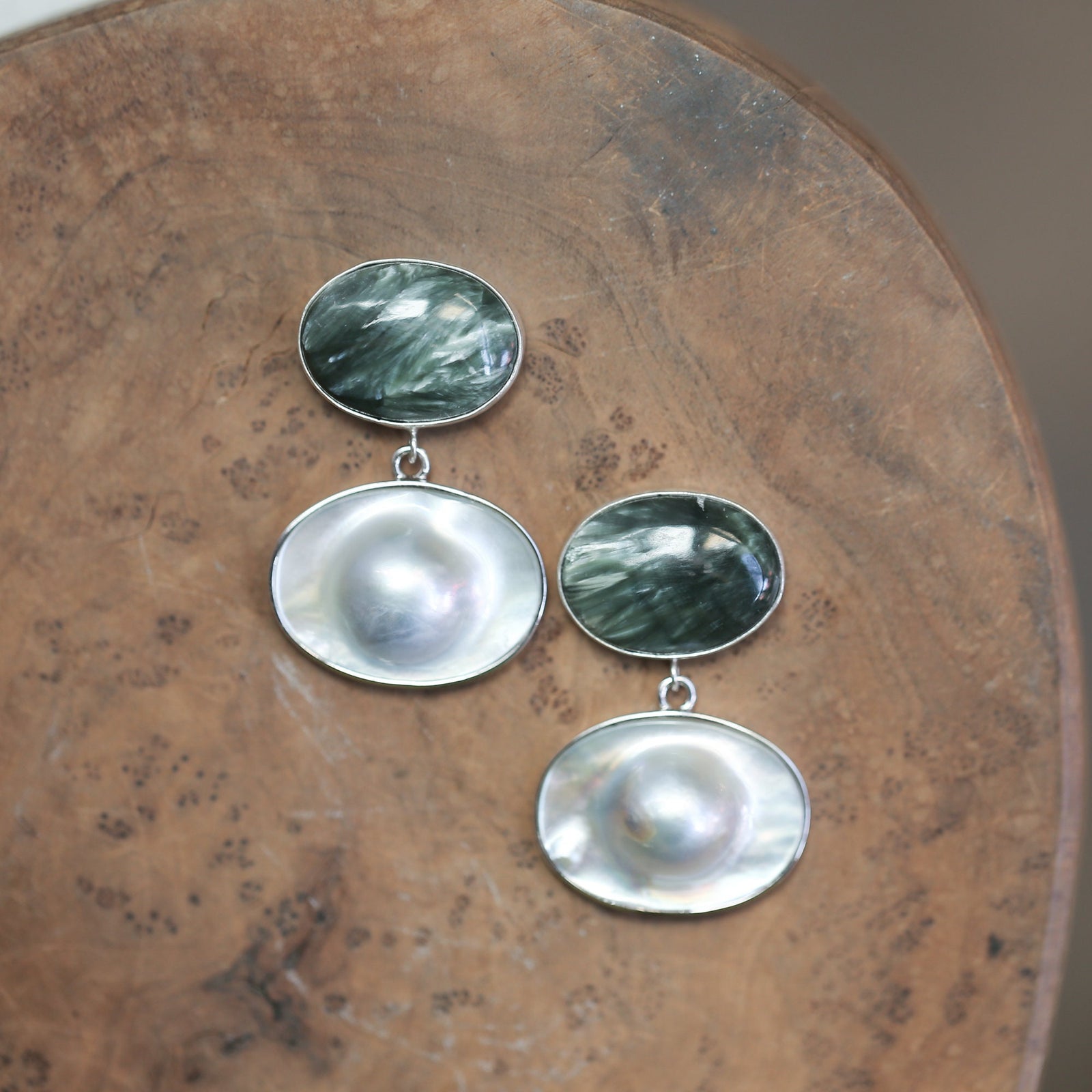 Handmade Seraphinite and Blister Pearl Sterling Silver Earrings