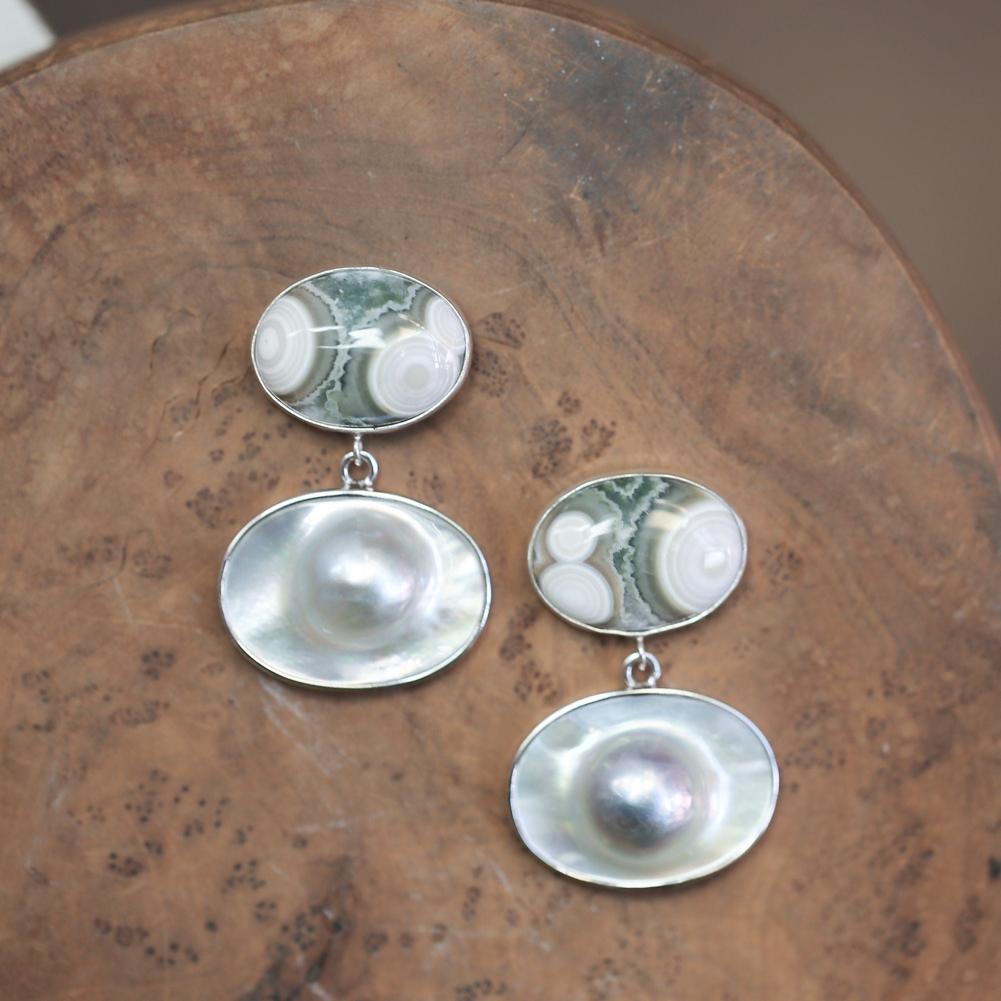 Ready to Ship - Big Ocean Jasper and Pearl Earrings - Ocean Jasper Earrings - Blister Pearl Posts -