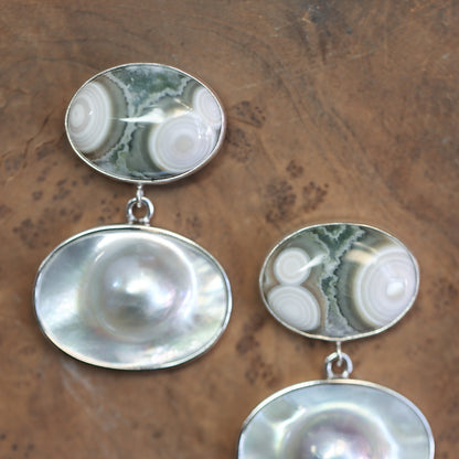 Ocean Jasper and Blister Pearl Sterling Silver Earrings - Huge Post Earrings