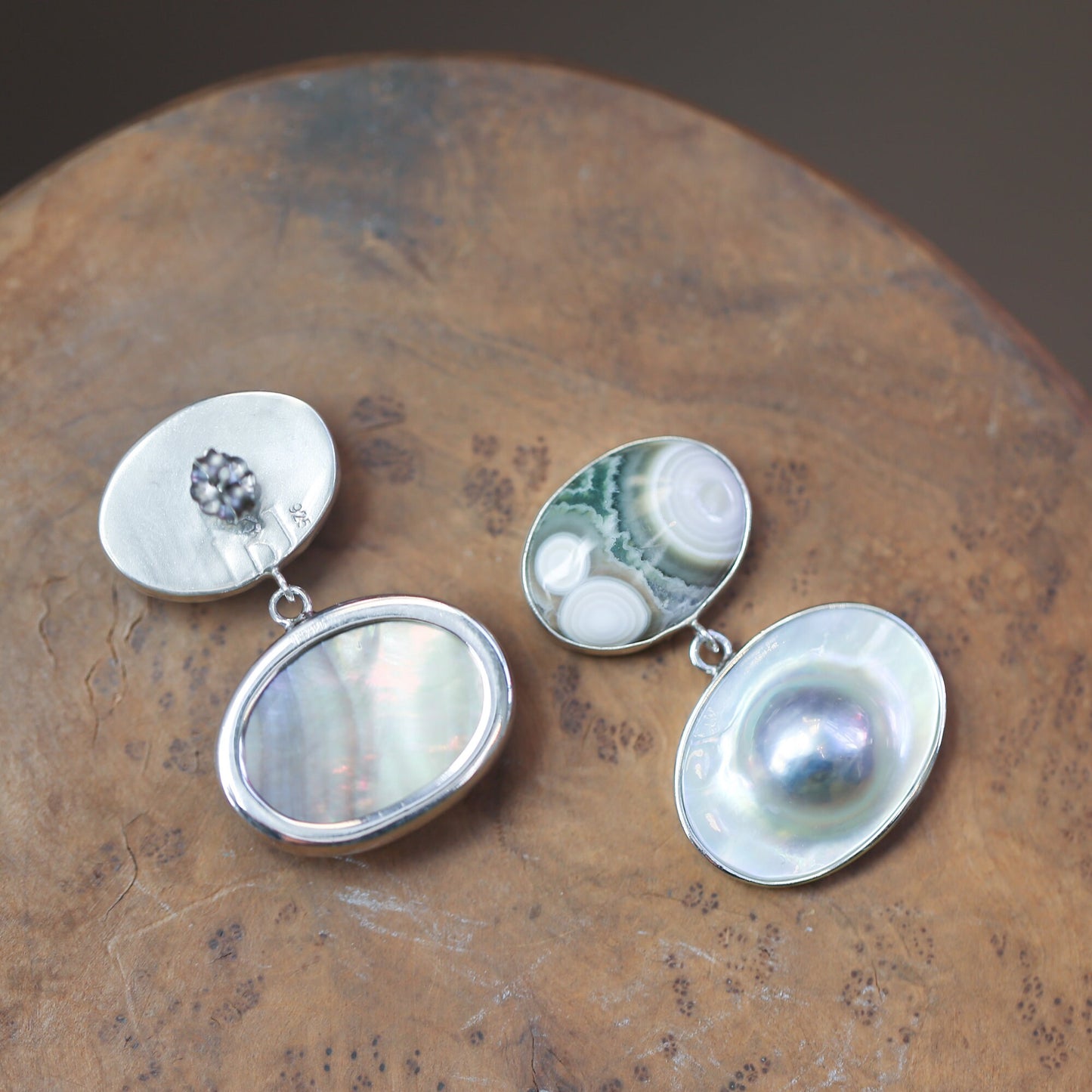 Ocean Jasper and Blister Pearl Sterling Silver Earrings - Huge Post Earrings