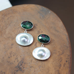 Ruby Zoisite Blister Pearl Earrings - Ready to Ship - Pearl Drop Earrings - Silversmith - OOAK