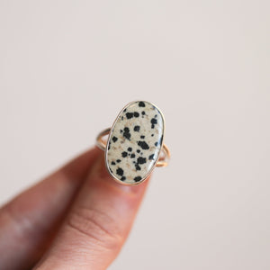 Dalmatian Jasper Ring - Big Spotted Jasper Ring - Black & White Stone Ring - Sterling Silver