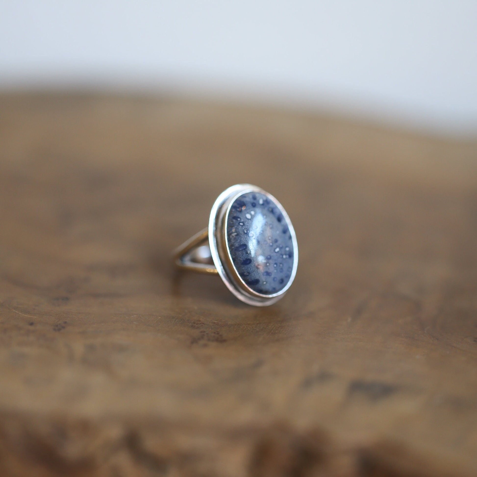 Cornflower Blue Sponge Coral Ring - Sterling Silver Boho Statement