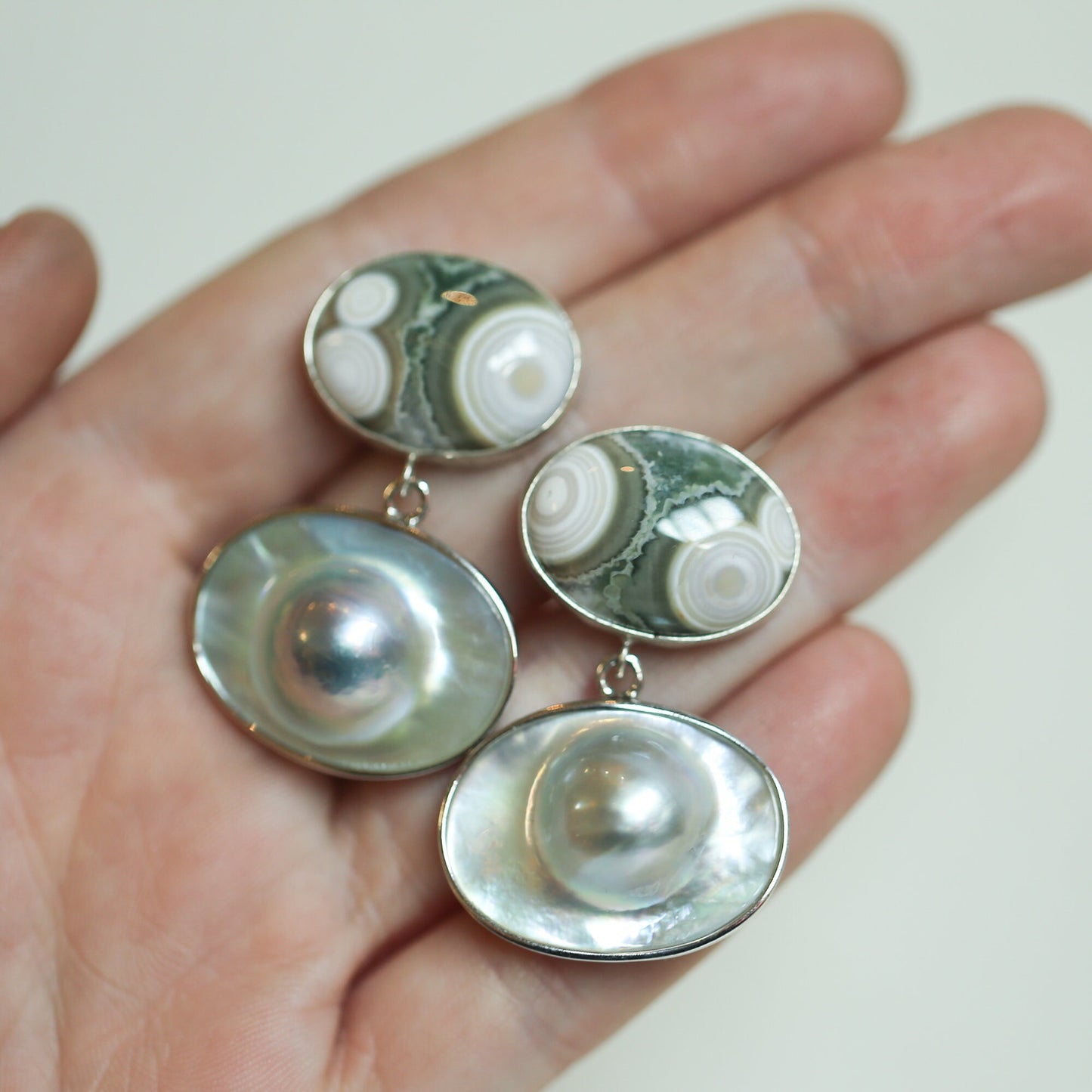 Ocean Jasper and Blister Pearl Sterling Silver Earrings - Huge Post Earrings