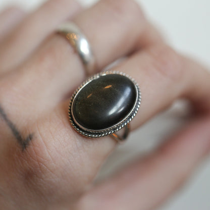 Golden Obsidian Sterling Silver Ring – Boho Statement Jewelry