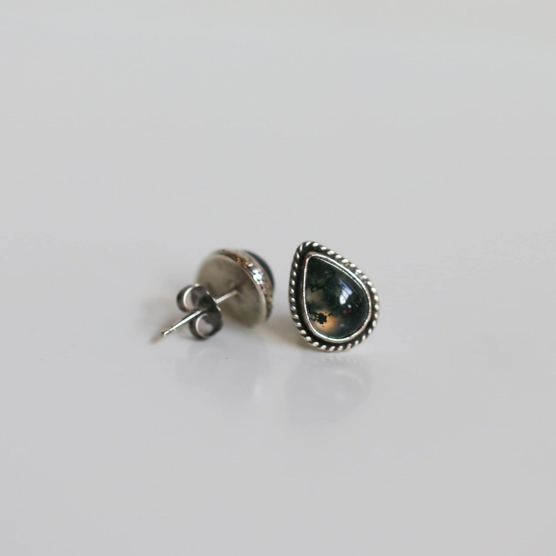 Moss Agate Sterling Silver Post Earrings - Pear Cabochons
