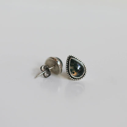 Moss Agate Sterling Silver Post Earrings - Pear Cabochons