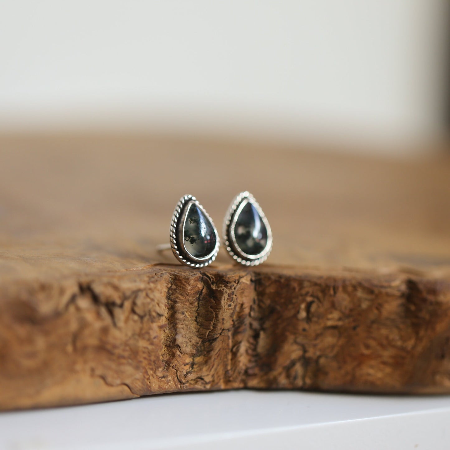 Moss Agate Sterling Silver Post Earrings - Pear Cabochons