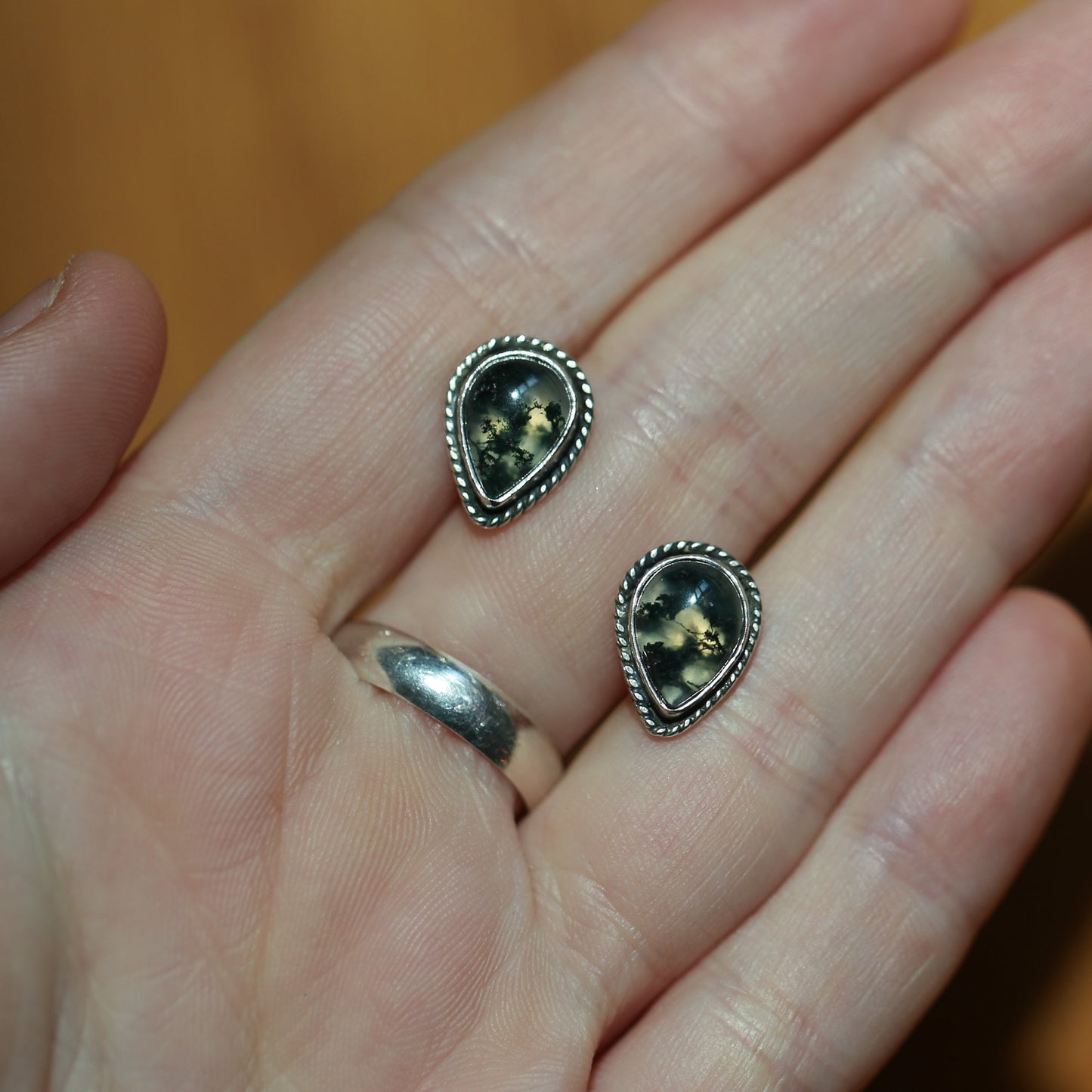 Moss Agate Sterling Silver Post Earrings - Pear Cabochons