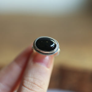 Black Onyx Ring - East West Black Agate Oval Ring - Sterling Silver