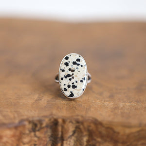 Dalmatian Jasper Ring - Big Spotted Jasper Ring - Black & White Stone Ring - Sterling Silver