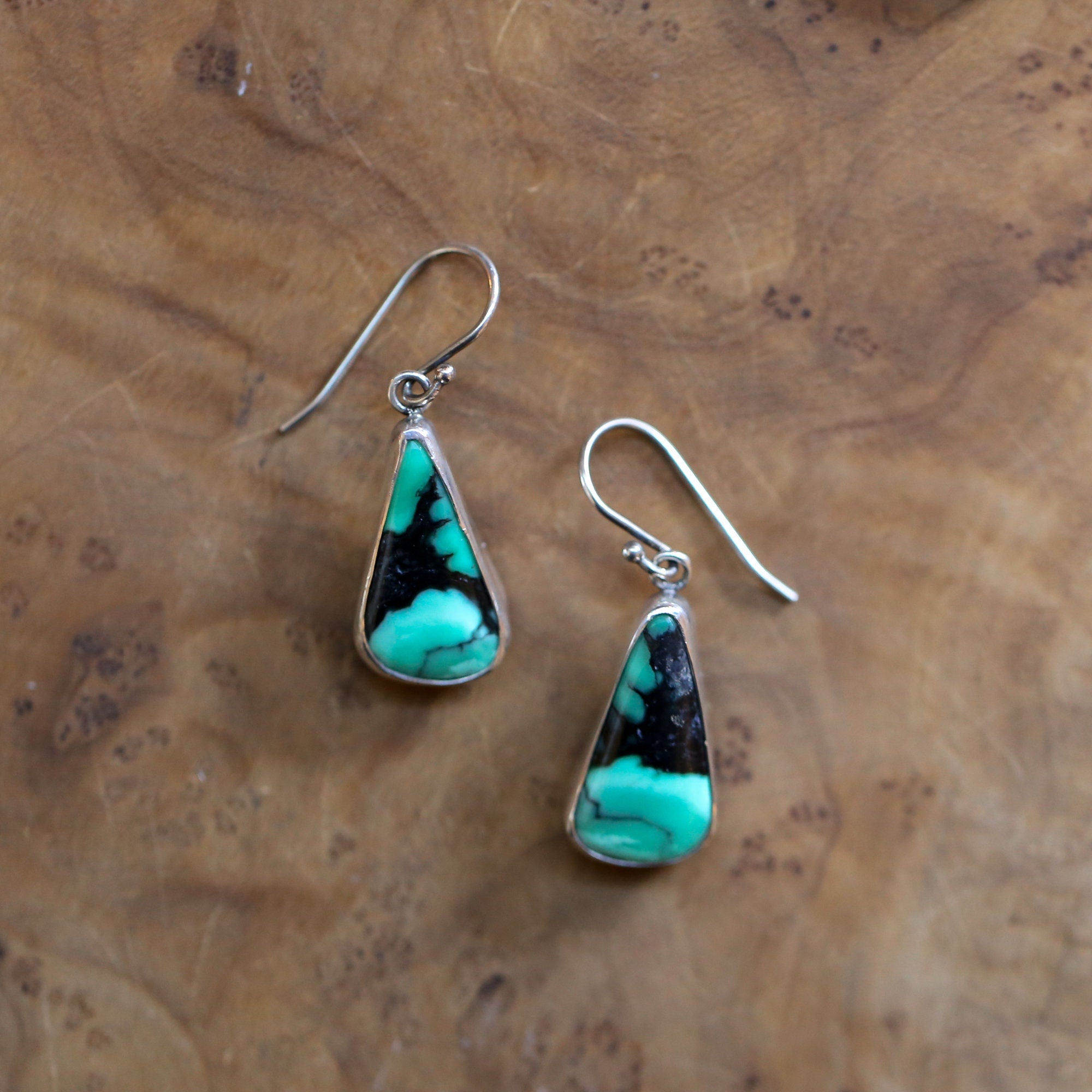 Green Variscite Drop Earrings - Emerald Rose Variscite Earrings - Sterling Silver