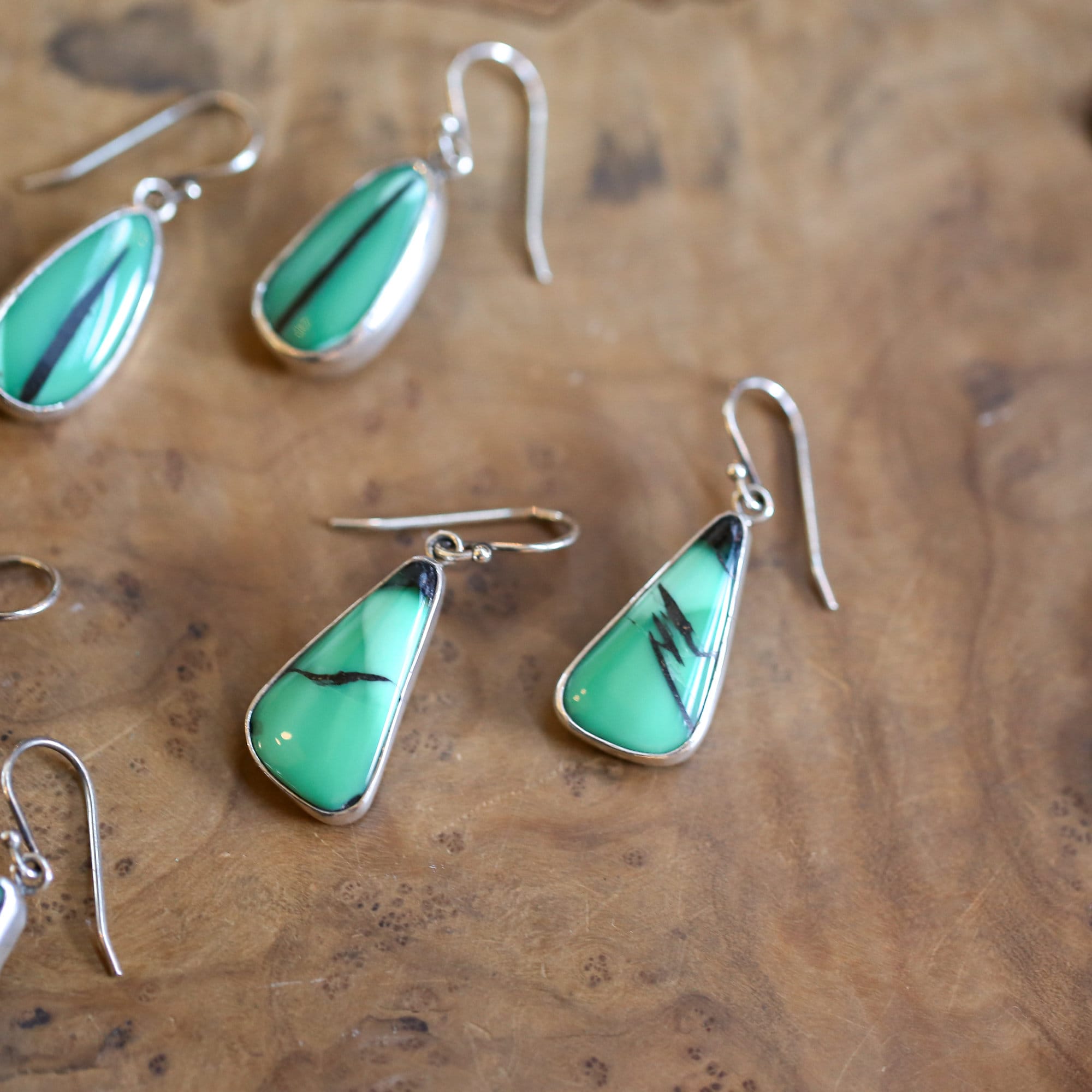 Green Variscite Drop Earrings - Emerald Rose Variscite Earrings - Sterling Silver