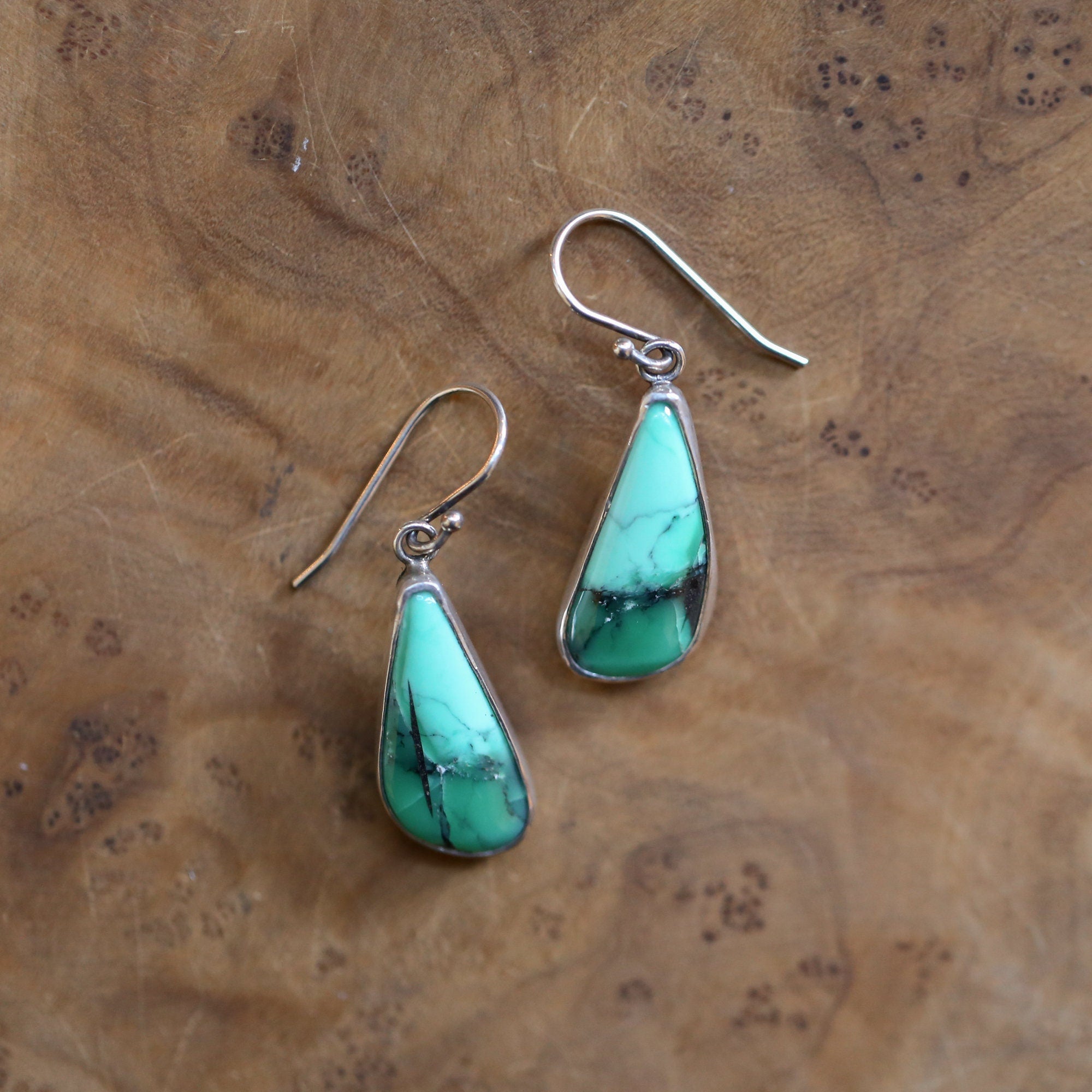 Green Variscite Drop Earrings - Emerald Rose Variscite Earrings - Sterling Silver