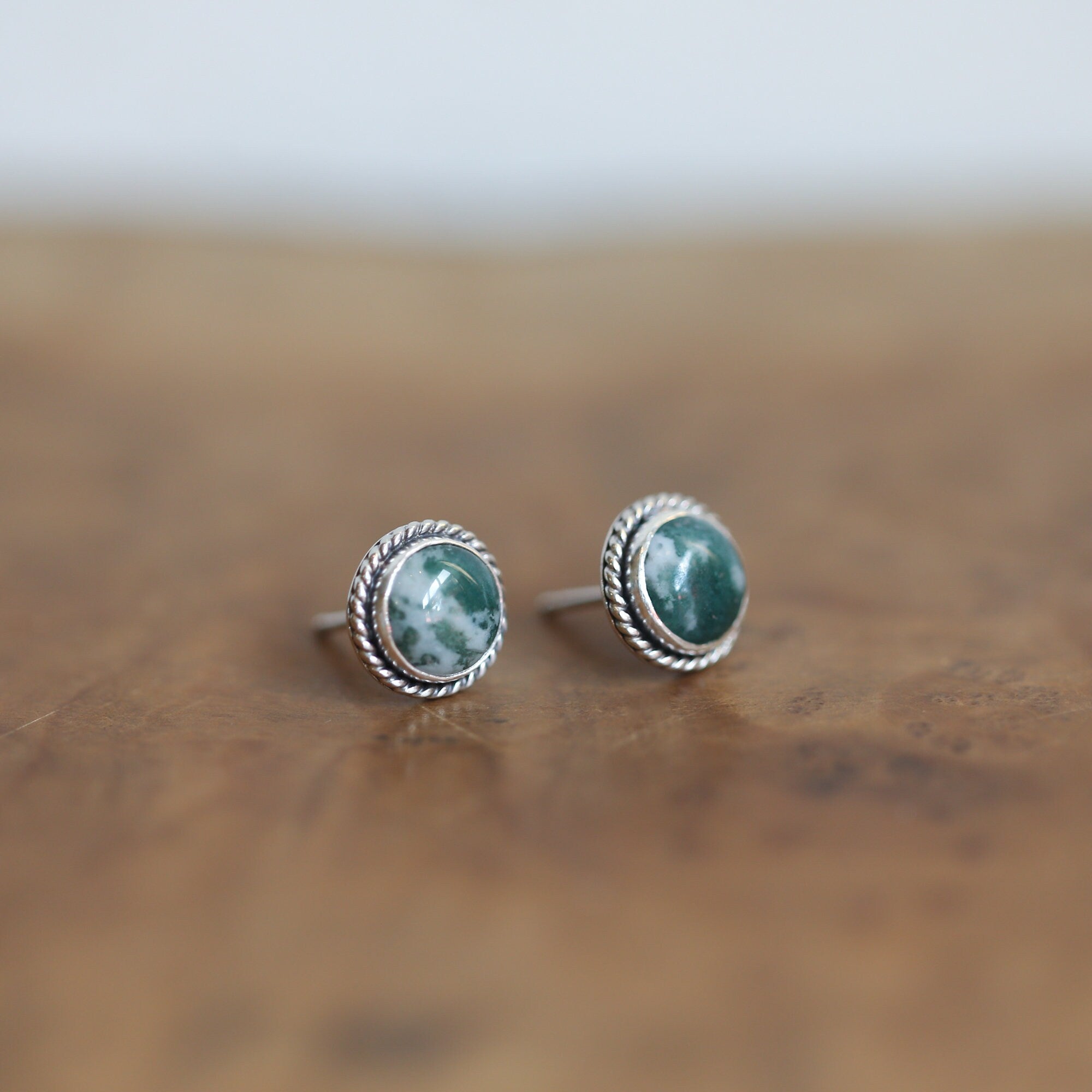 Moss Agate Post Earrings - Green Moss Agate Studs - Sterling Silver Earrings
