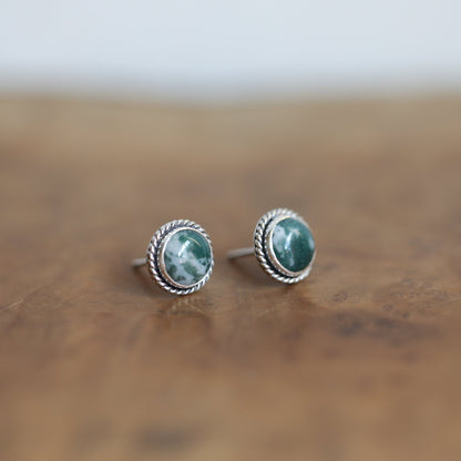 Moss Agate Sterling Silver Studs – Handmade Twist Wire Earrings