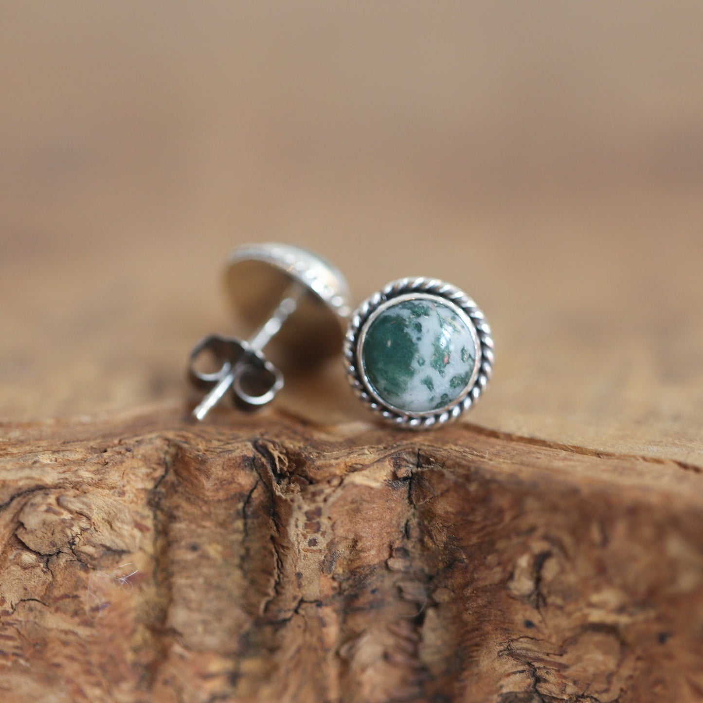 Moss Agate Sterling Silver Studs – Handmade Twist Wire Earrings