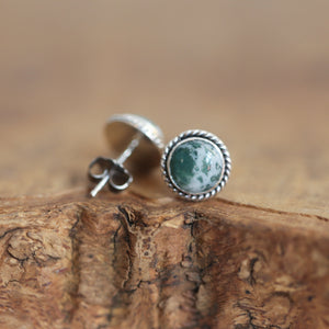 Moss Agate Sterling Silver Studs – Handmade Twist Wire Earrings