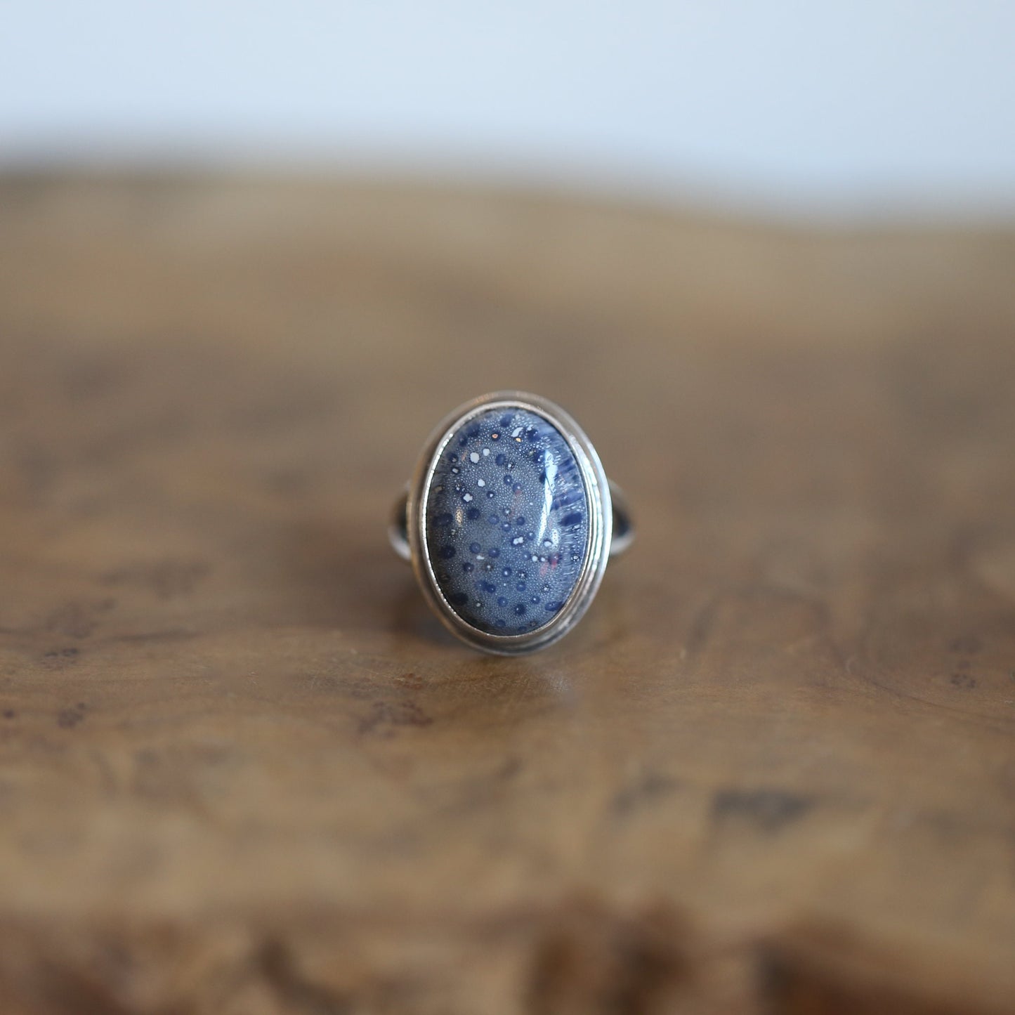 Cornflower Blue Sponge Coral Ring - Sterling Silver Boho Statement
