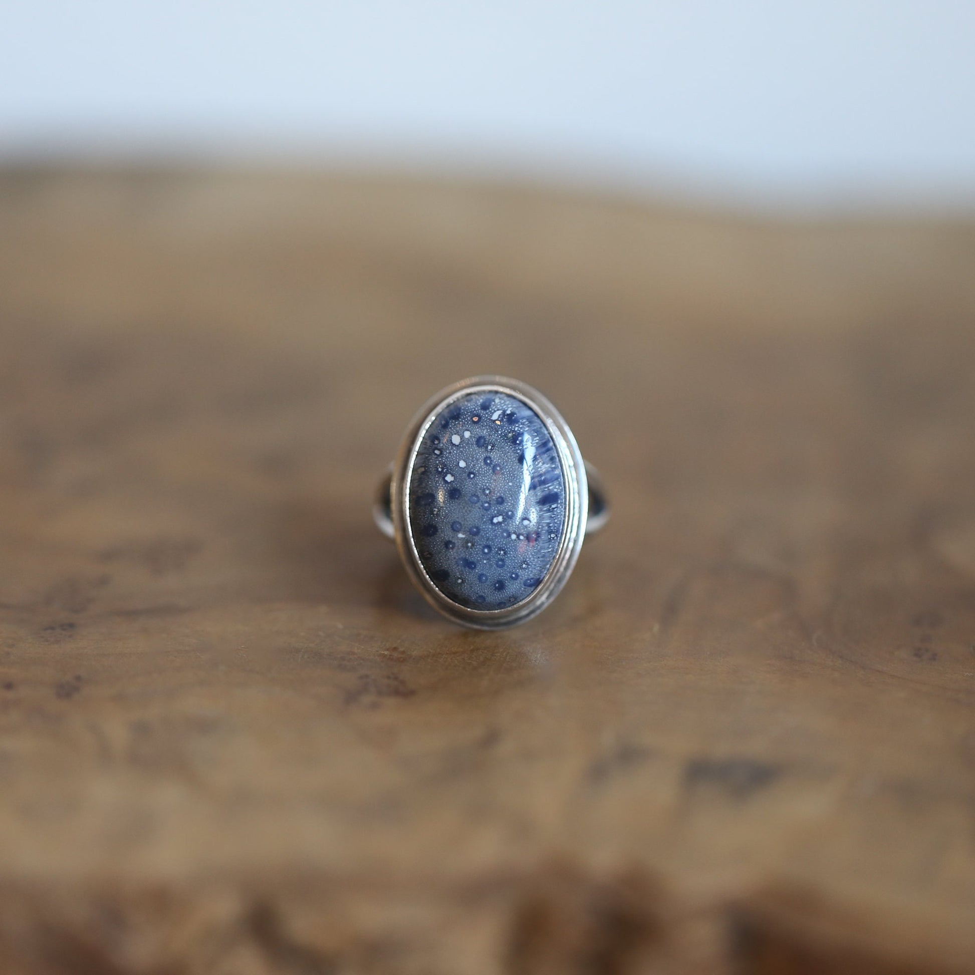 Cornflower Blue Sponge Coral Ring - Sterling Silver Boho Statement