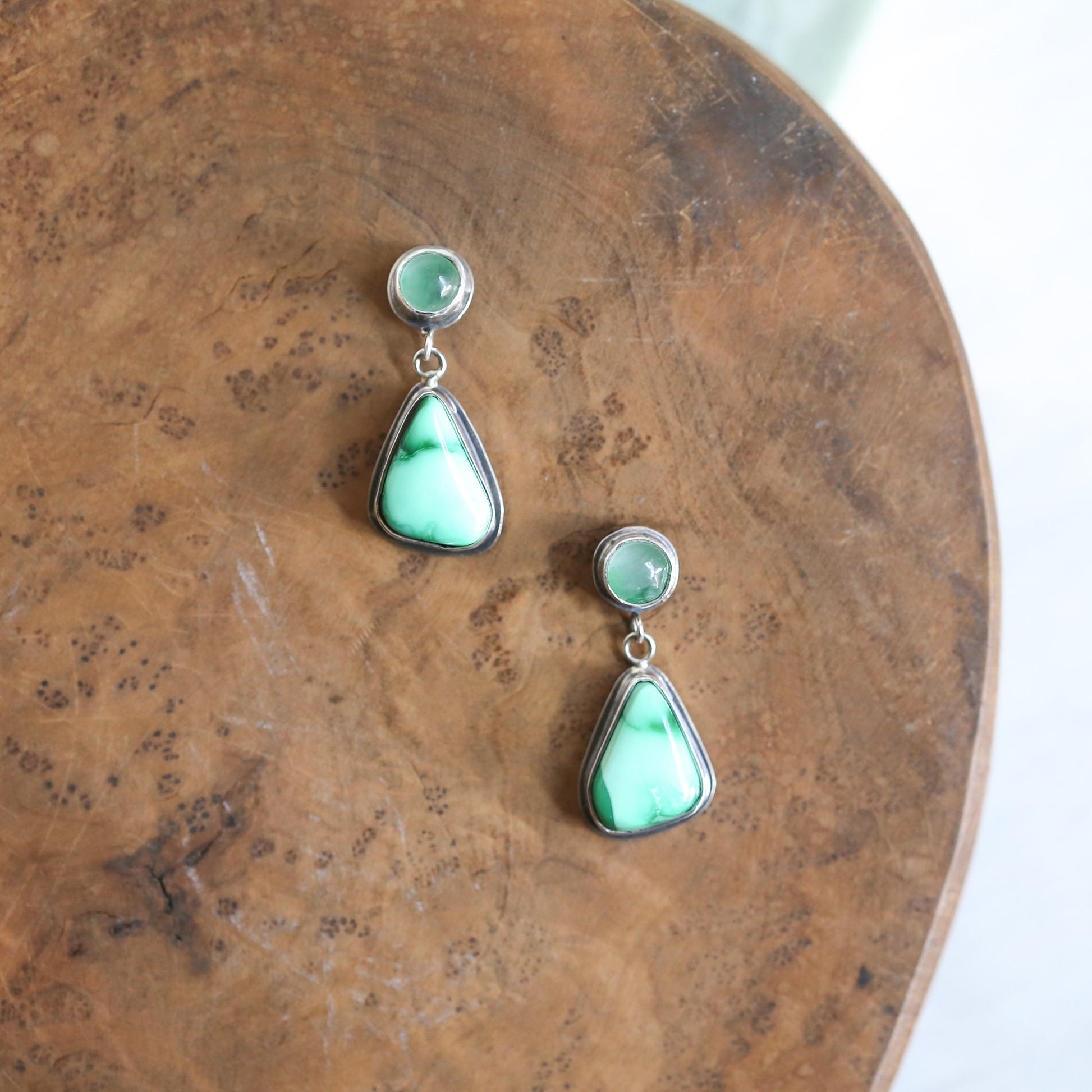 Emerald Rose Variscite & Green Jade Sterling Silver Drop Earrings