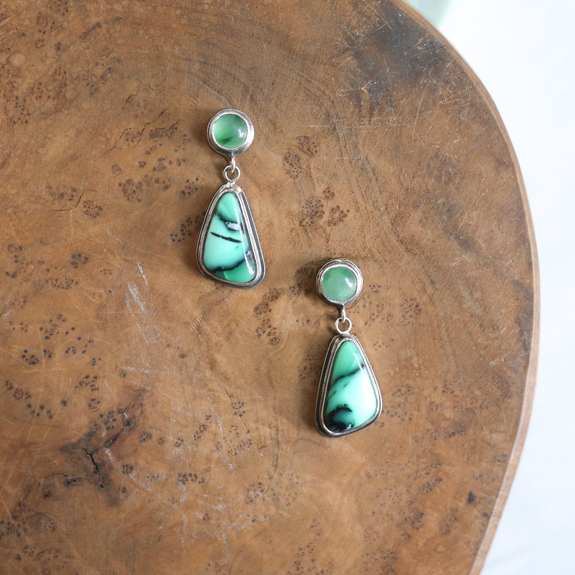 Emerald Rose Variscite & Green Jade Sterling Silver Drop Earrings
