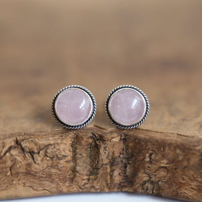 Sterling Silver Rose Quartz Stud Earrings - 12mm Round Pink Gemstones