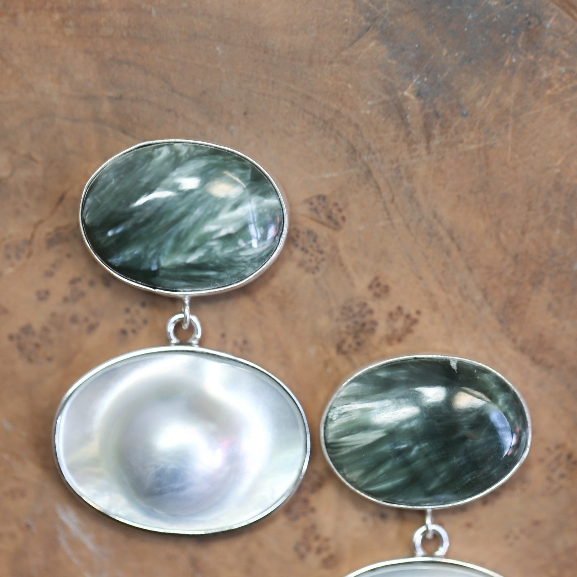 Handmade Seraphinite and Blister Pearl Sterling Silver Earrings
