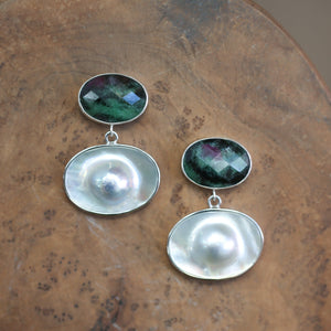 Ruby Zoisite Blister Pearl Earrings - Ready to Ship - Pearl Drop Earrings - Silversmith - OOAK