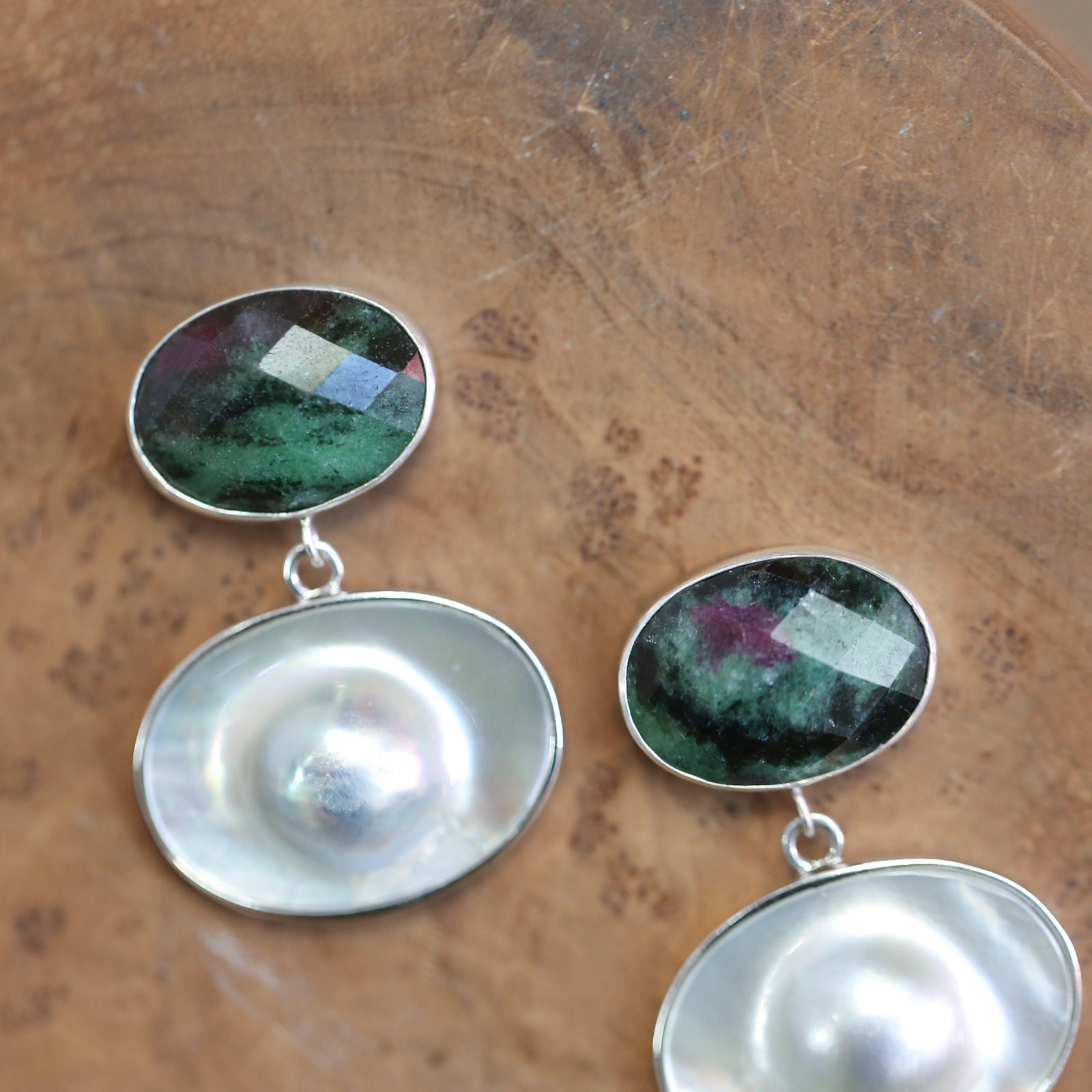 Ruby Zoisite Blister Pearl Drop Earrings - Post Drop Earrings - Sterling Silver