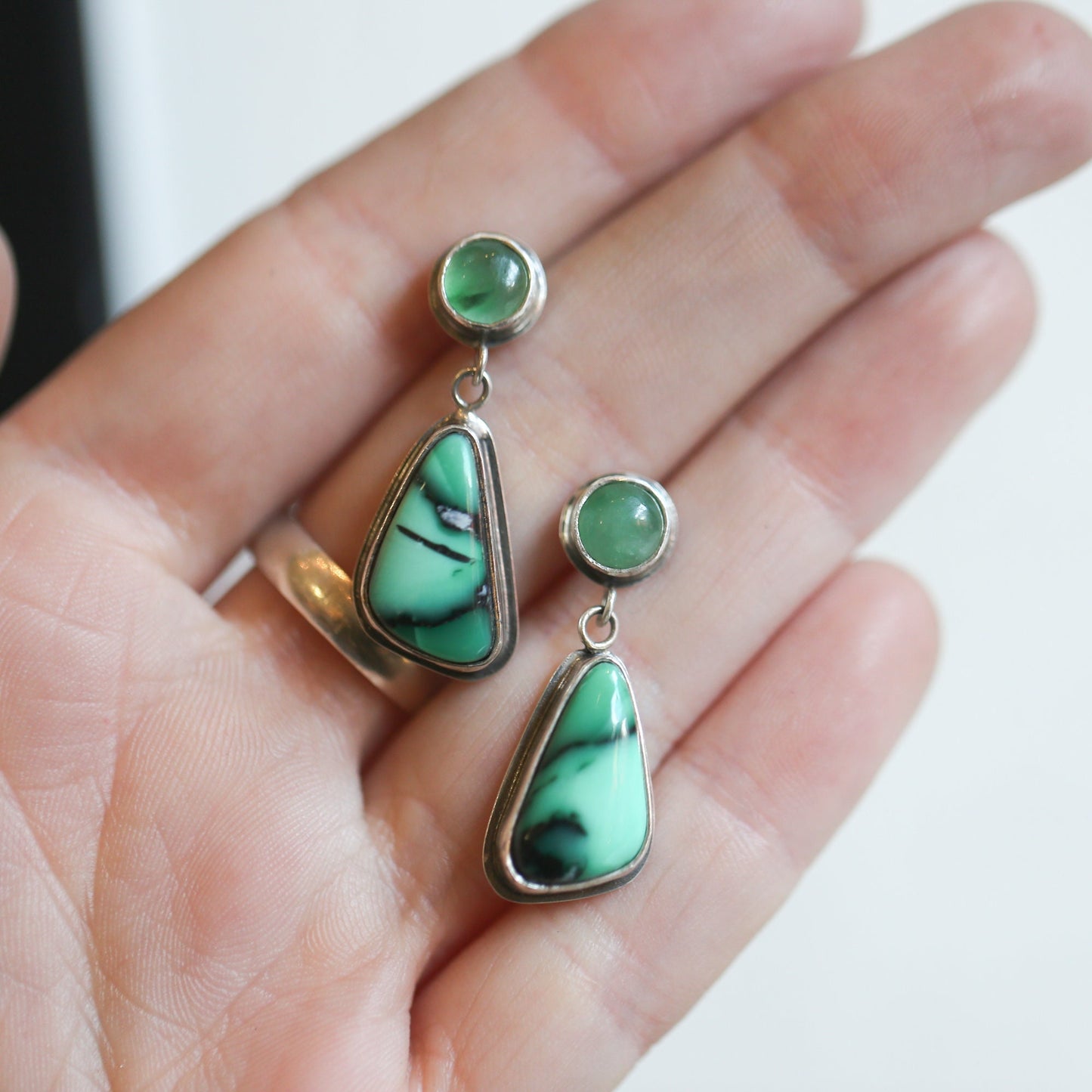 Emerald Rose Variscite & Green Jade Sterling Silver Drop Earrings