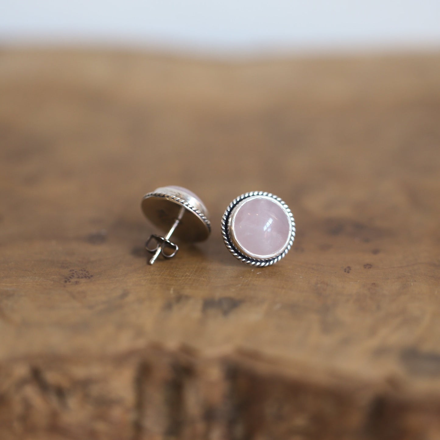 Sterling Silver Rose Quartz Stud Earrings - 12mm Round Pink Gemstones