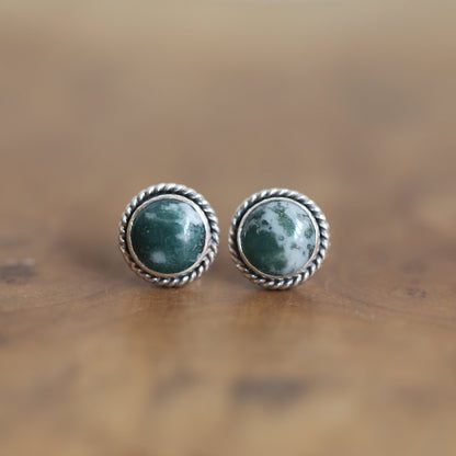 Moss Agate Sterling Silver Studs – Handmade Twist Wire Earrings
