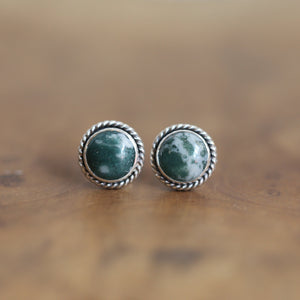 Moss Agate Sterling Silver Studs – Handmade Twist Wire Earrings