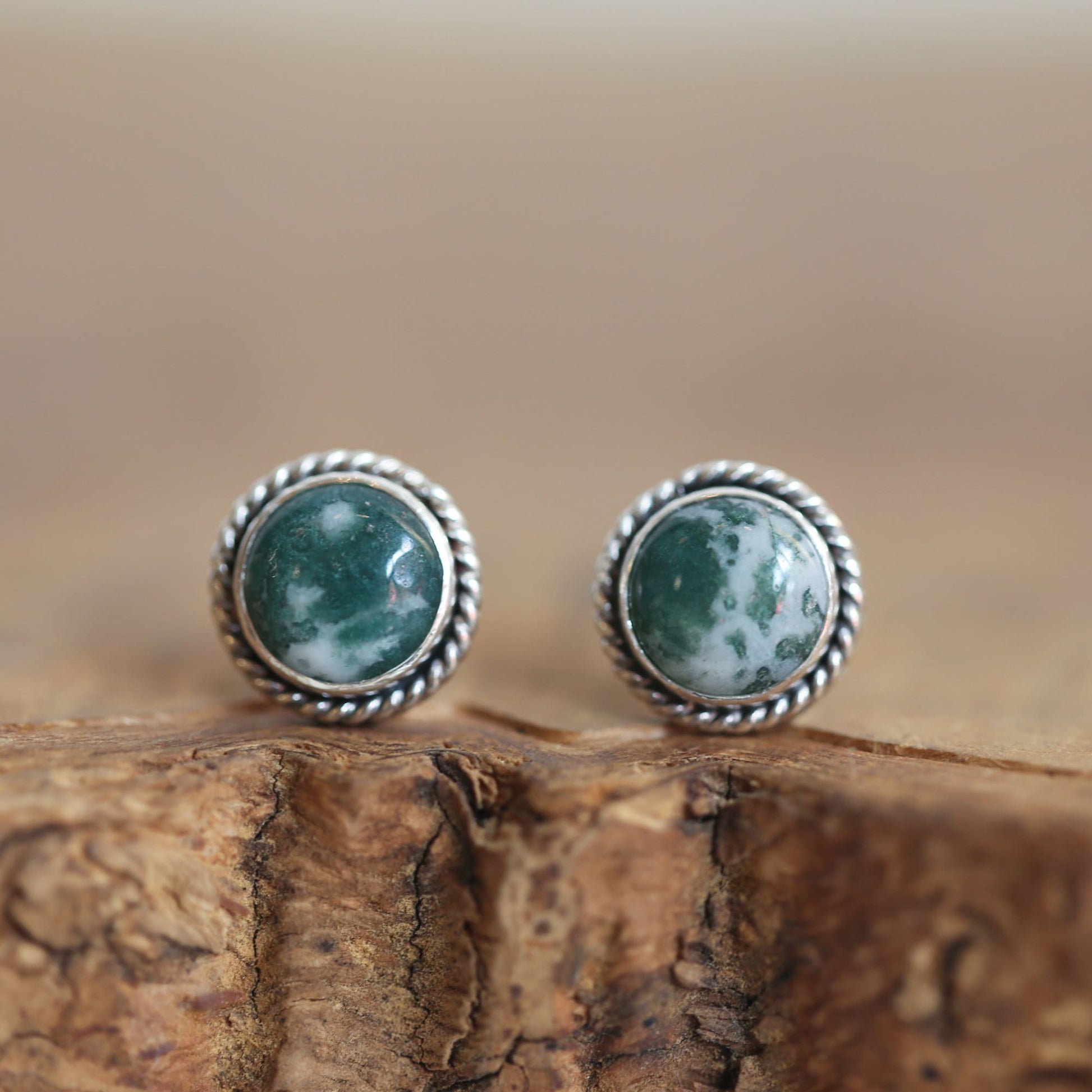 Moss Agate Sterling Silver Studs – Handmade Twist Wire Earrings