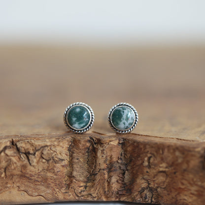 Moss Agate Sterling Silver Studs – Handmade Twist Wire Earrings