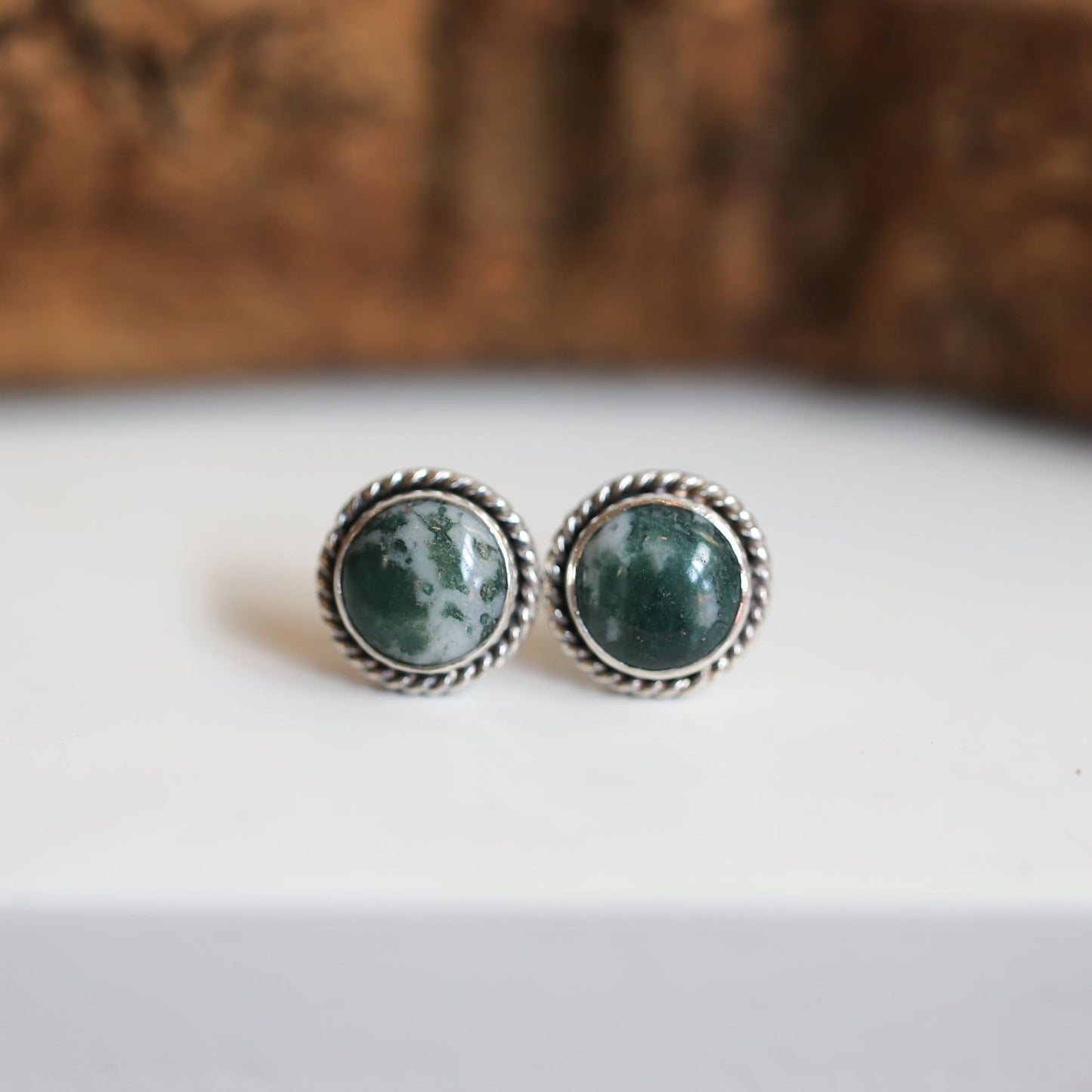 Moss Agate Sterling Silver Studs – Handmade Twist Wire Earrings