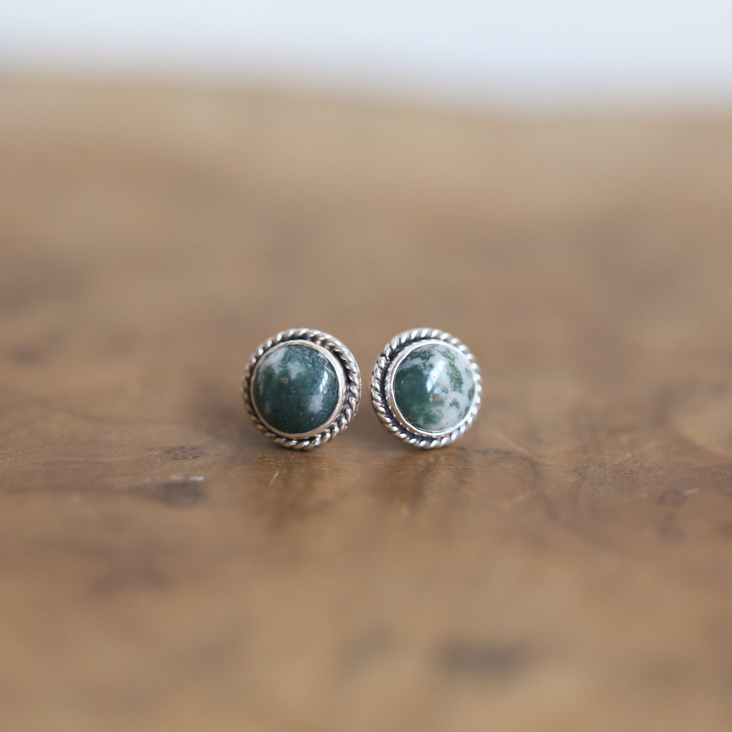 Moss Agate Sterling Silver Studs – Handmade Twist Wire Earrings