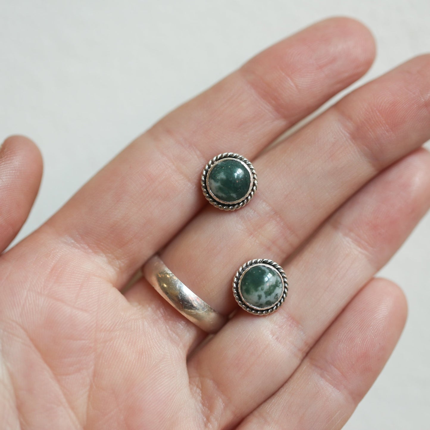Moss Agate Sterling Silver Studs – Handmade Twist Wire Earrings