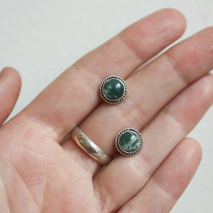 Moss Agate Sterling Silver Studs – Handmade Twist Wire Earrings