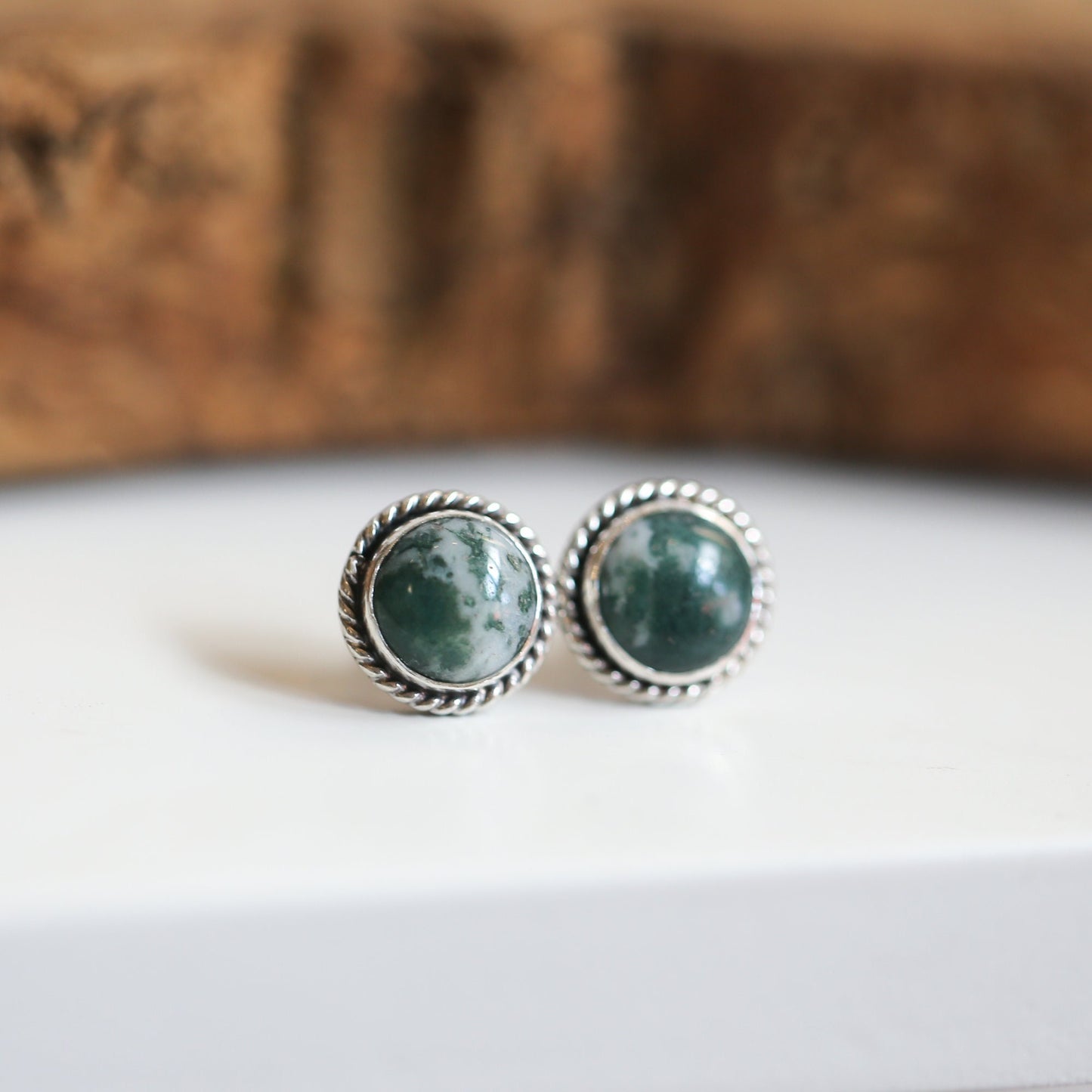 Moss Agate Sterling Silver Studs – Handmade Twist Wire Earrings