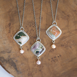 Ocean Jasper Freshwater Pearl Pendant - .925 Silversmith - Ocean Jasper Necklace