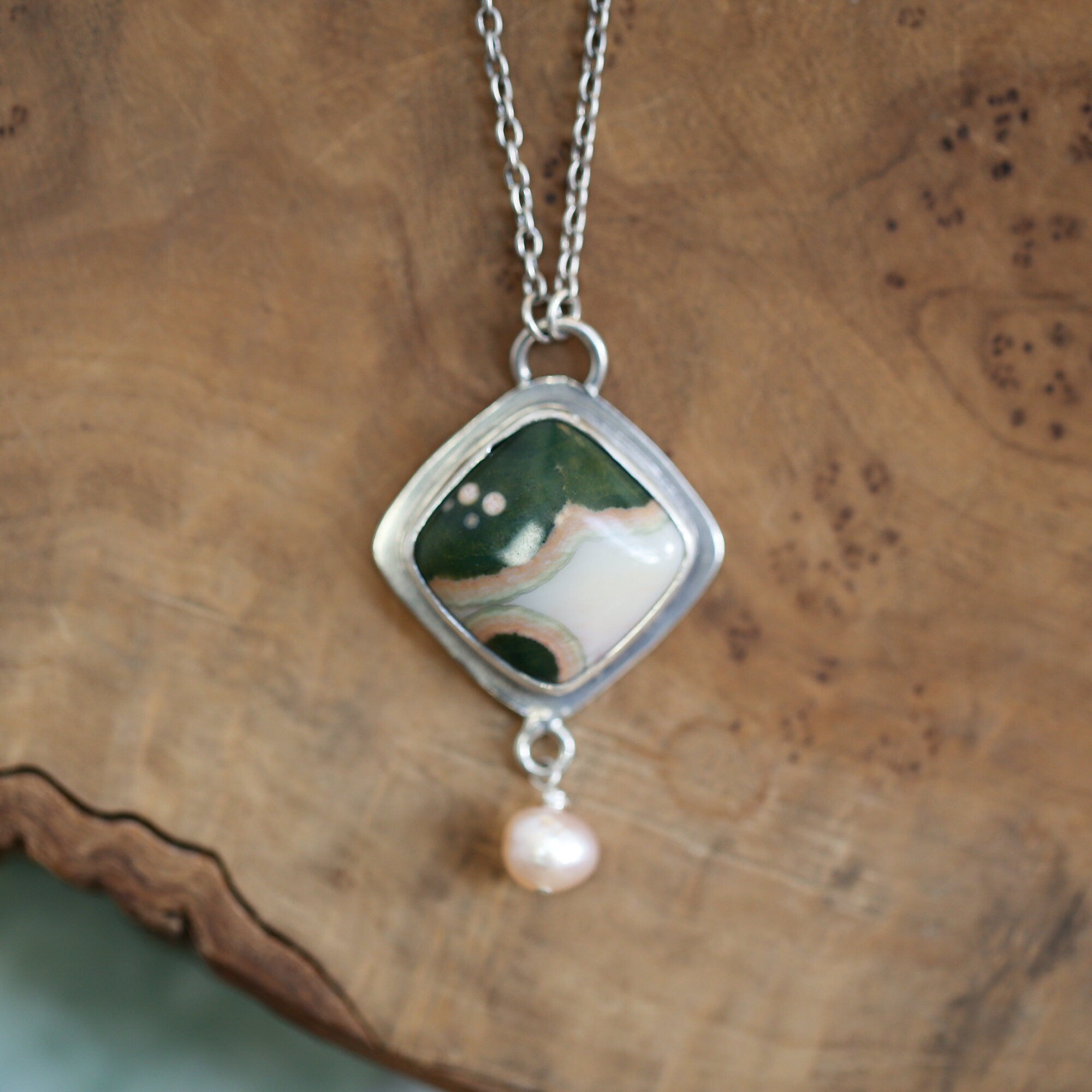 Ocean Jasper Freshwater Pearl Pendant - .925 Silversmith - Ocean Jasper Necklace