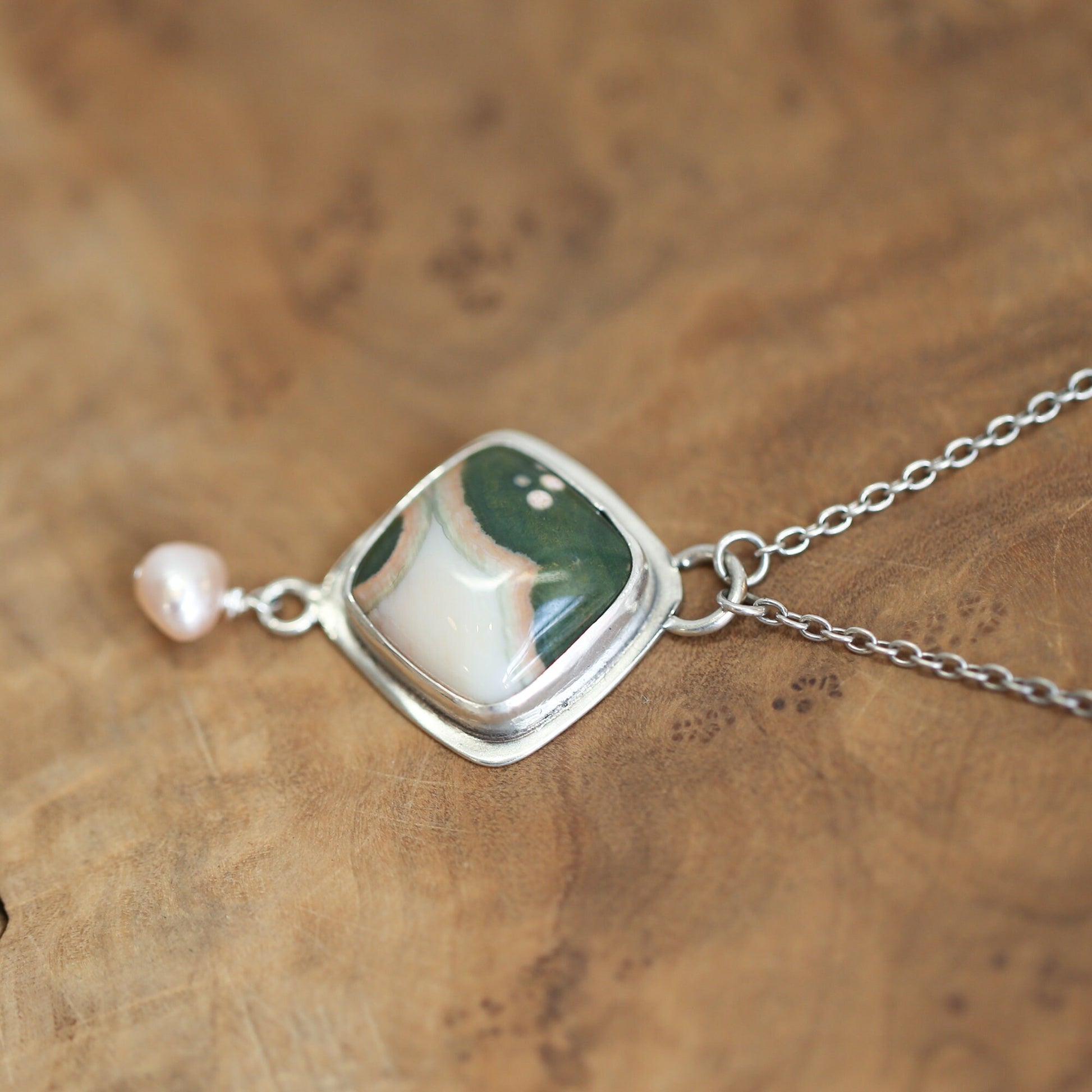 Ocean Jasper Freshwater Pearl Pendant - .925 Silversmith - Ocean Jasper Necklace