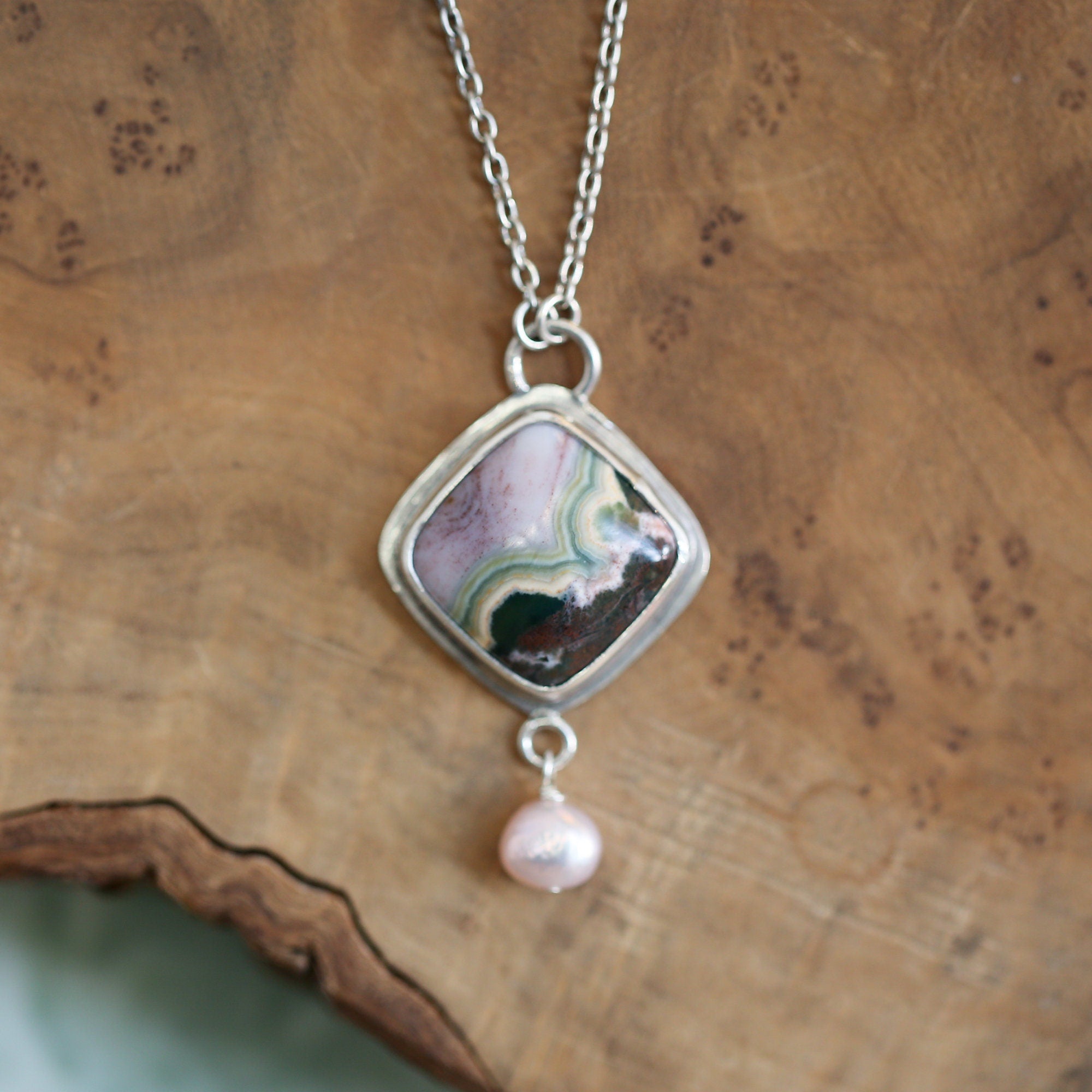 Ocean Jasper Freshwater Pearl Pendant - .925 Silversmith - Ocean Jasper Necklace