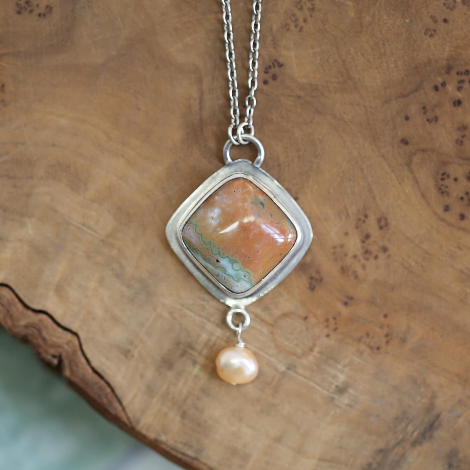 Ocean Jasper Freshwater Pearl Pendant - .925 Silversmith - Ocean Jasper Necklace